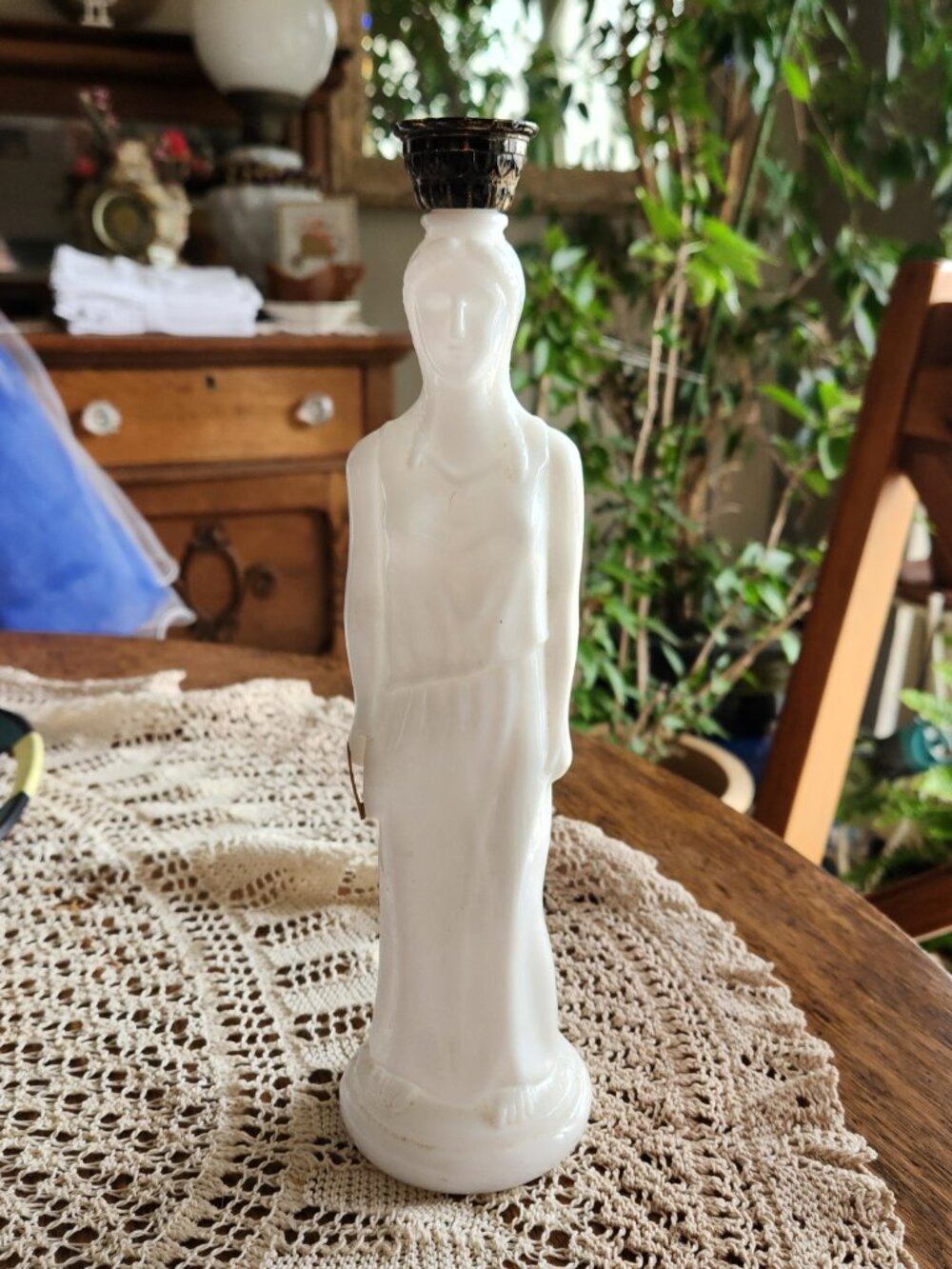 Vintage Avon Greek Goddess or Lady Athena White Milk Glass Bottle